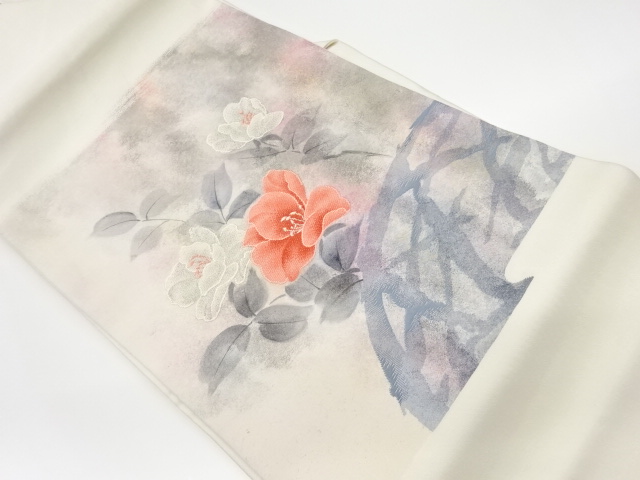 リサイクル　花に蛇籠模様織出し名古屋帯